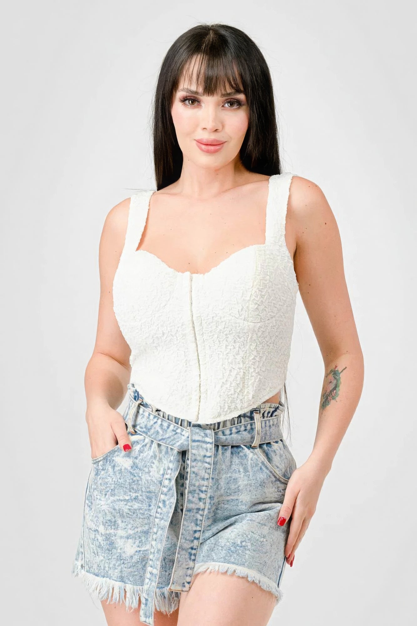 Crinkle Stretch Knit Sweetheart Hooked Bustier Cropped Top