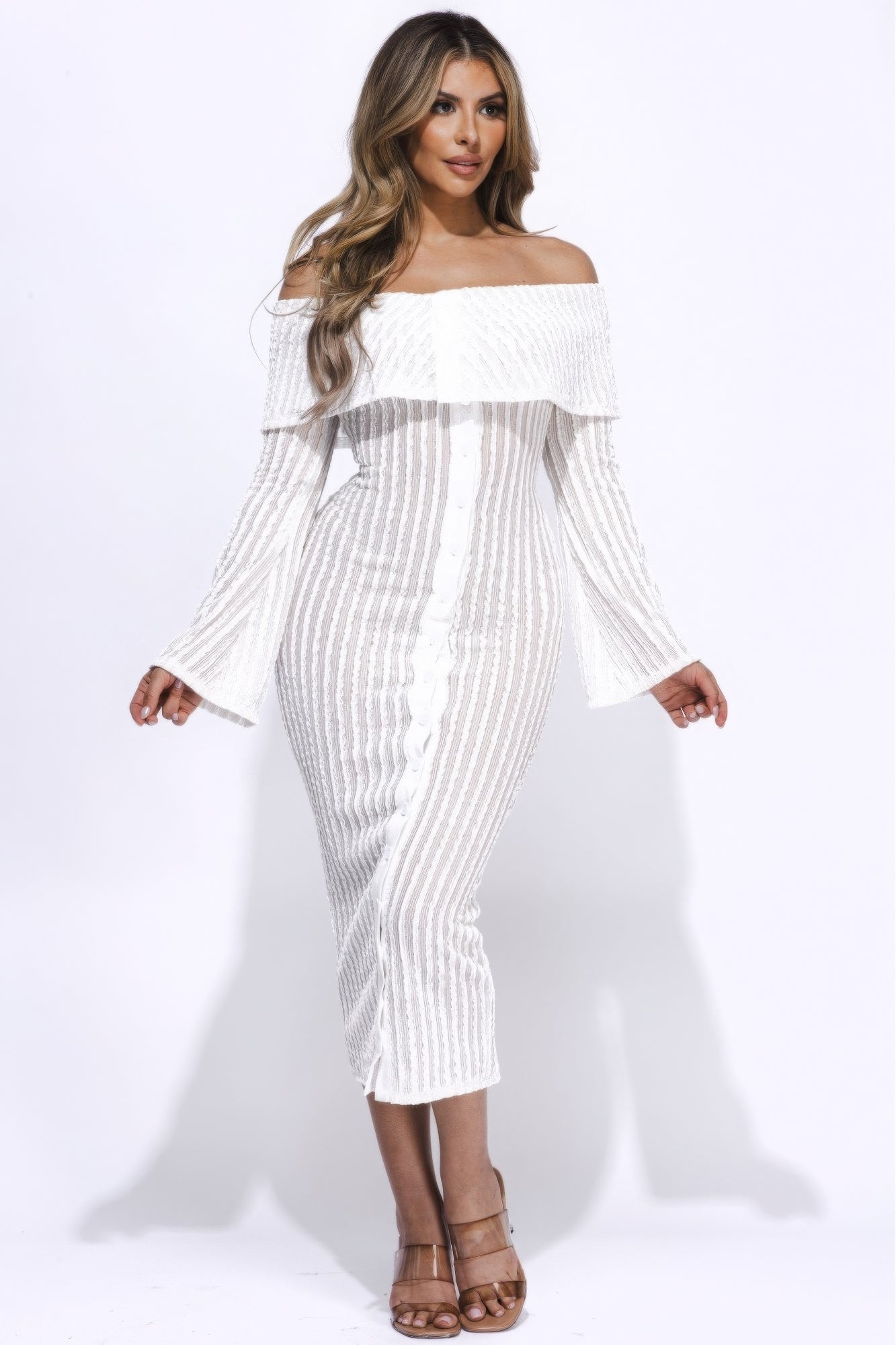 Ruffled Fabric Off Shoulder Midi Dress With Flared Sleeve