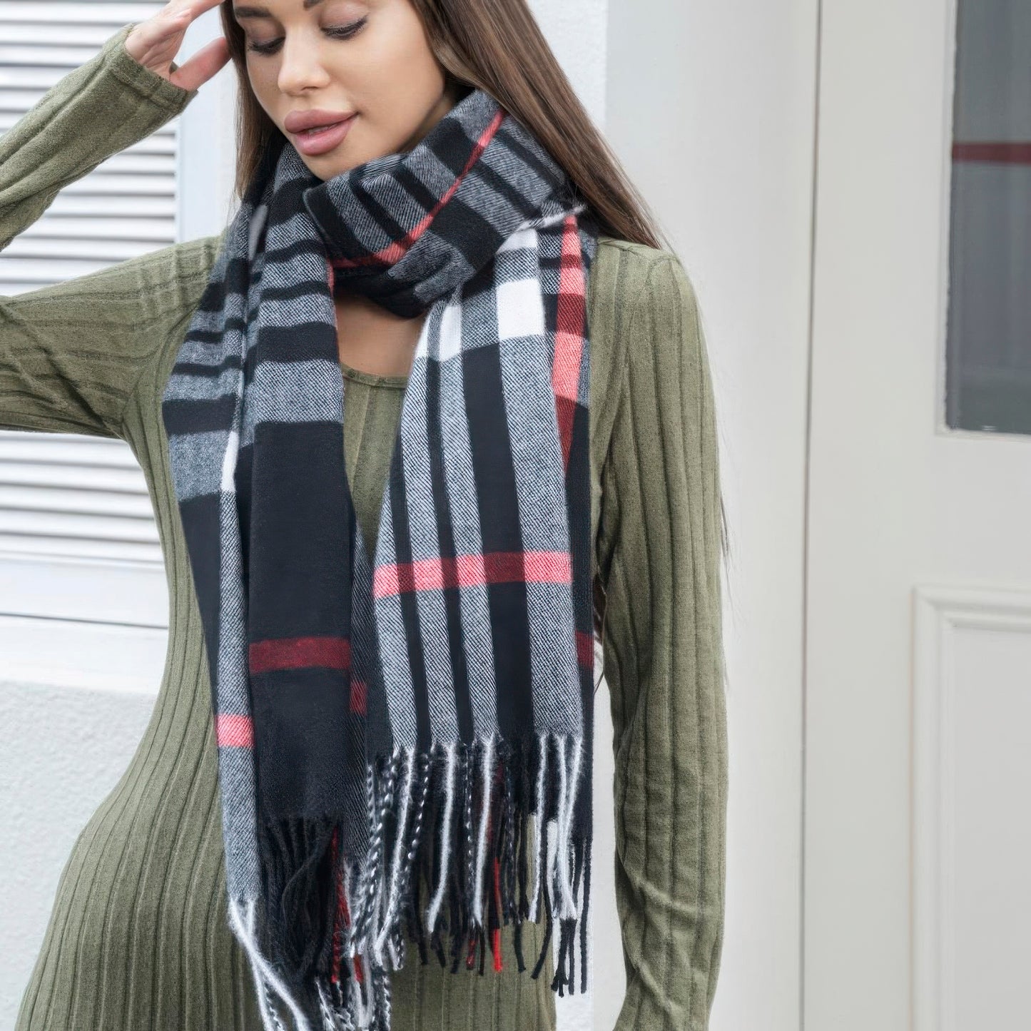 Plaid blanket scarf with tassel